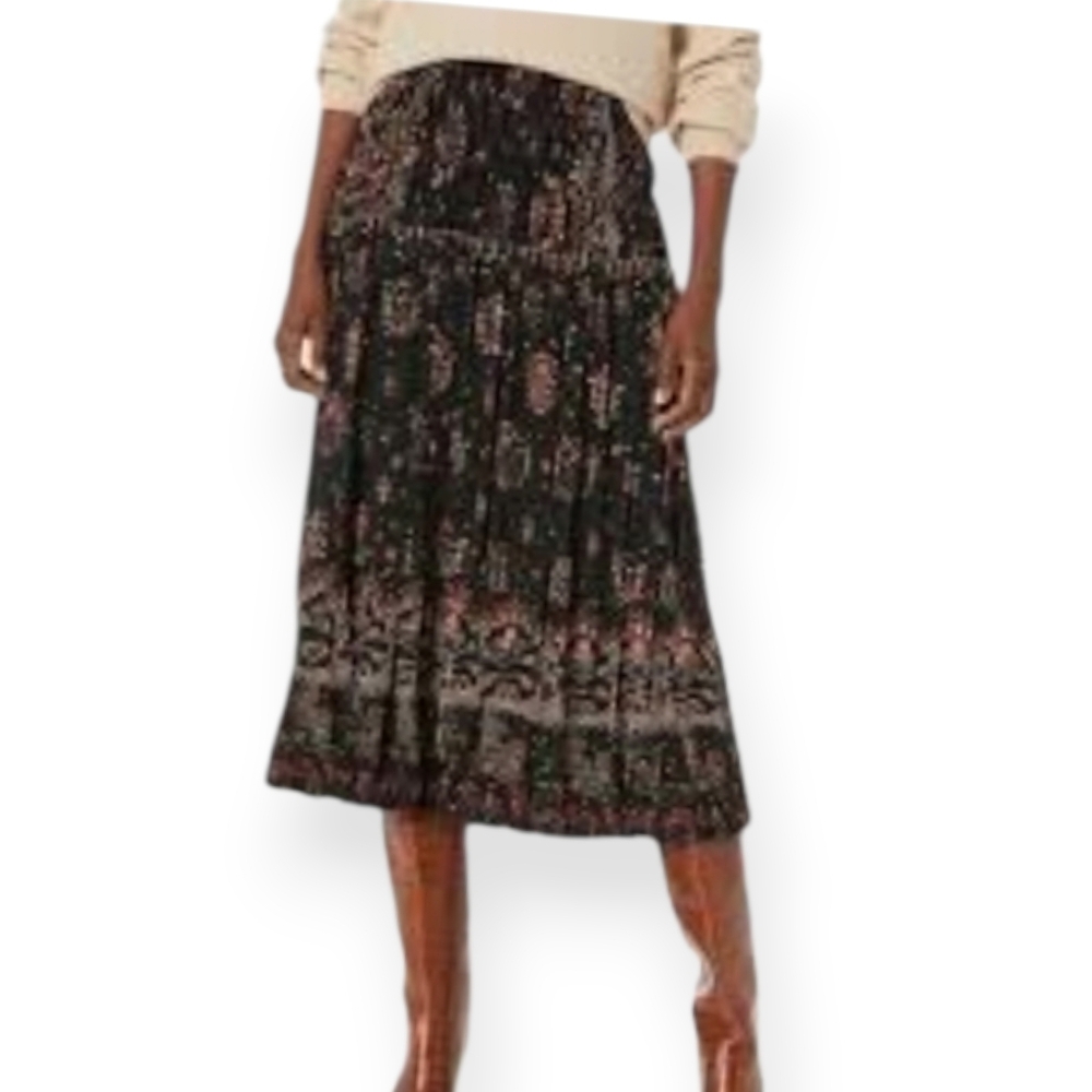 Rebecca Taylor Black with Red and Cream Floral Pattern Midi Boho Skirt